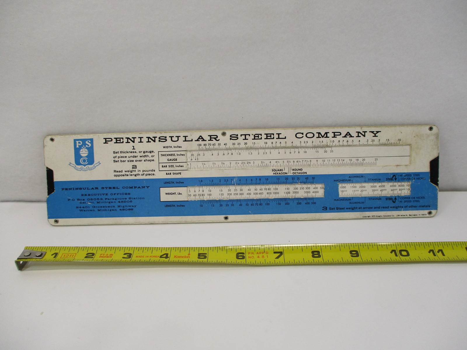 PENINSULAR STEEL Slide Calculator For Steel Weights By Shape & Type 1970 in EC