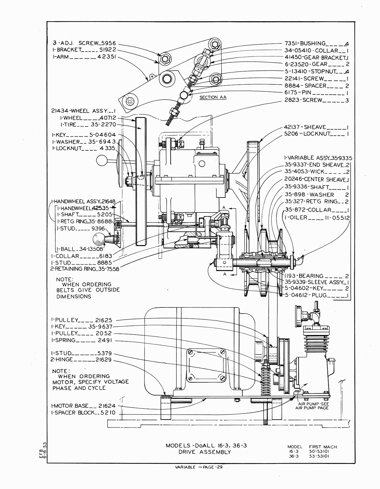 DoALL 16-3 Bandsaw Contour Machine Replacement Parts Manual #1432