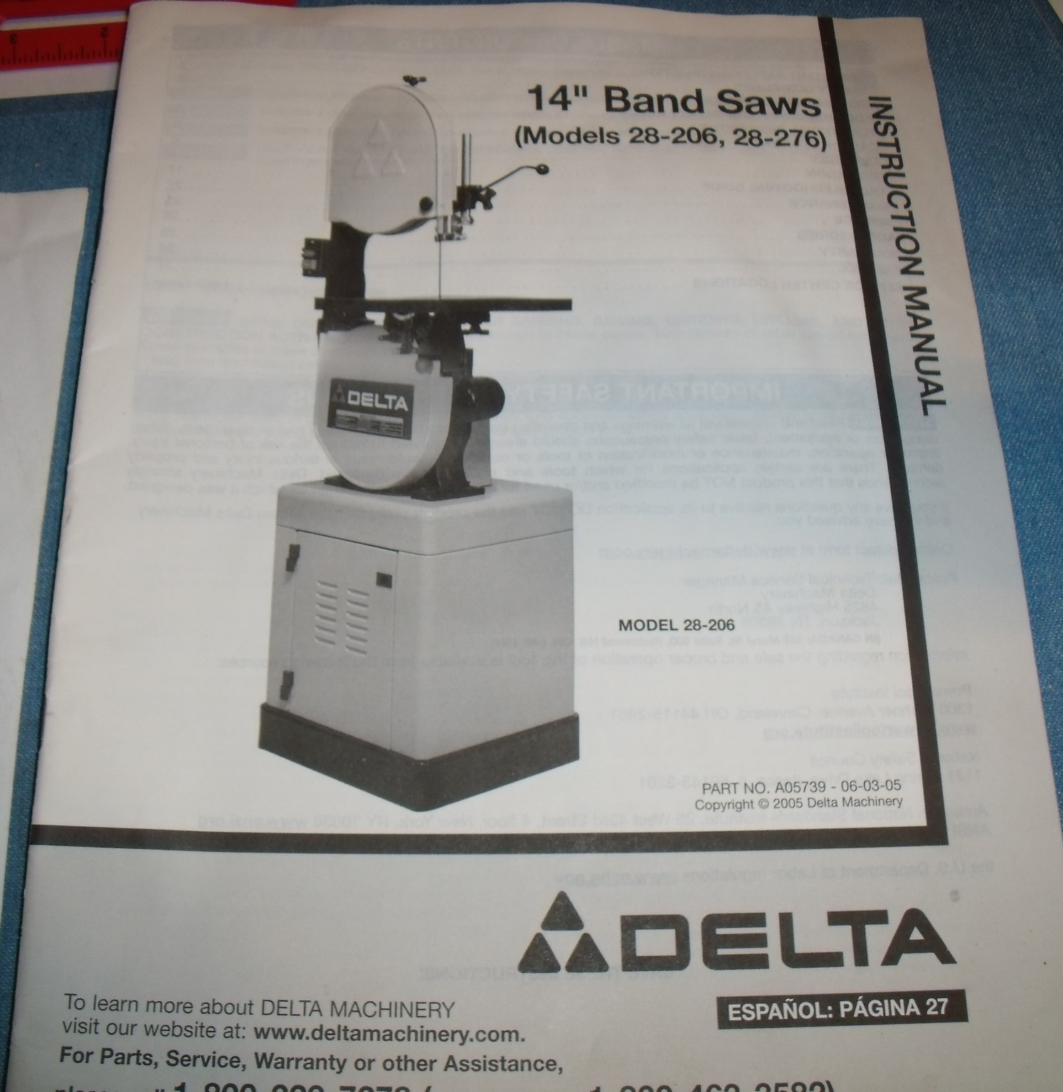 Machine Shop Tool Manuals Delta 14″ Band Saws Models 28-206,28-276 instructions