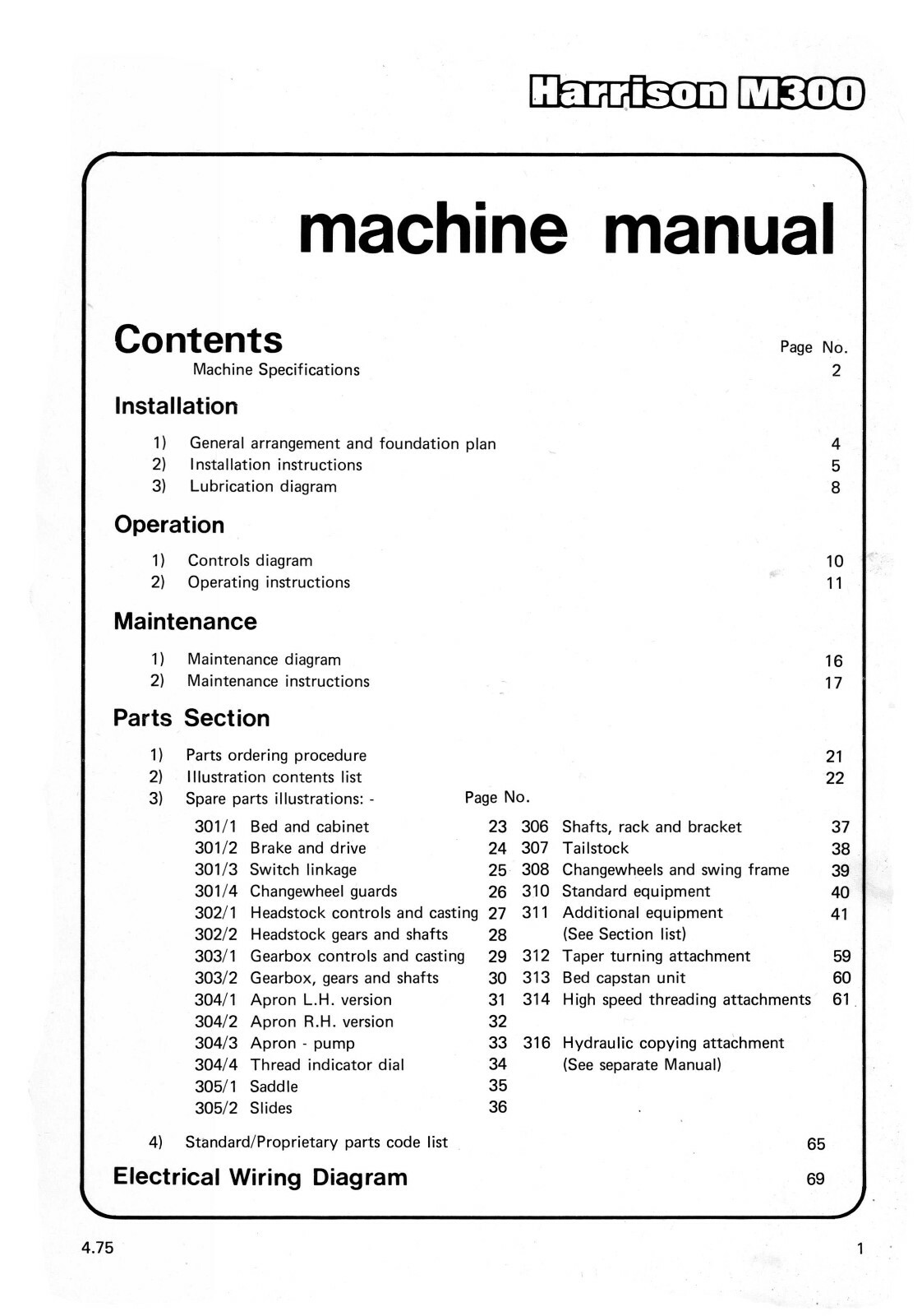 Harrison M300 Lathe 13″ Instruction & Parts List Manual #1408
