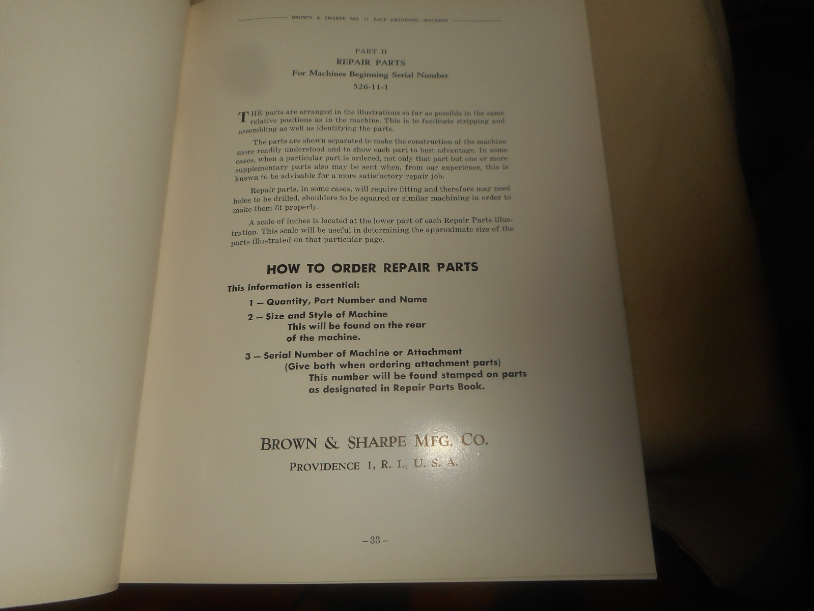 BROWN & SHARPE No. 11 Grinding Machine Operation Maintenance Repair Parts Manual