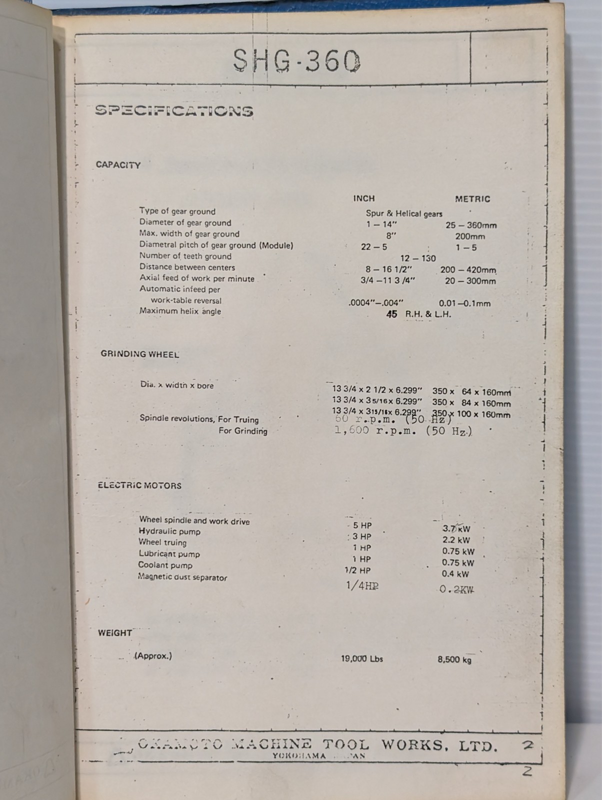 Okamoto SHG-360 Gear Grinding Machine Operating Manual, Free USA Ship