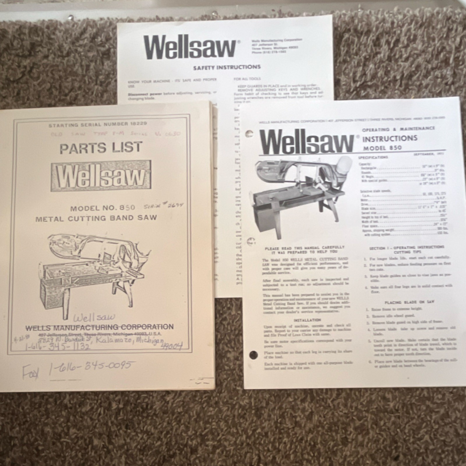 Wellsaw 850 Metal Cutting Band Saw Instruction Manual Parts & Safety Ops