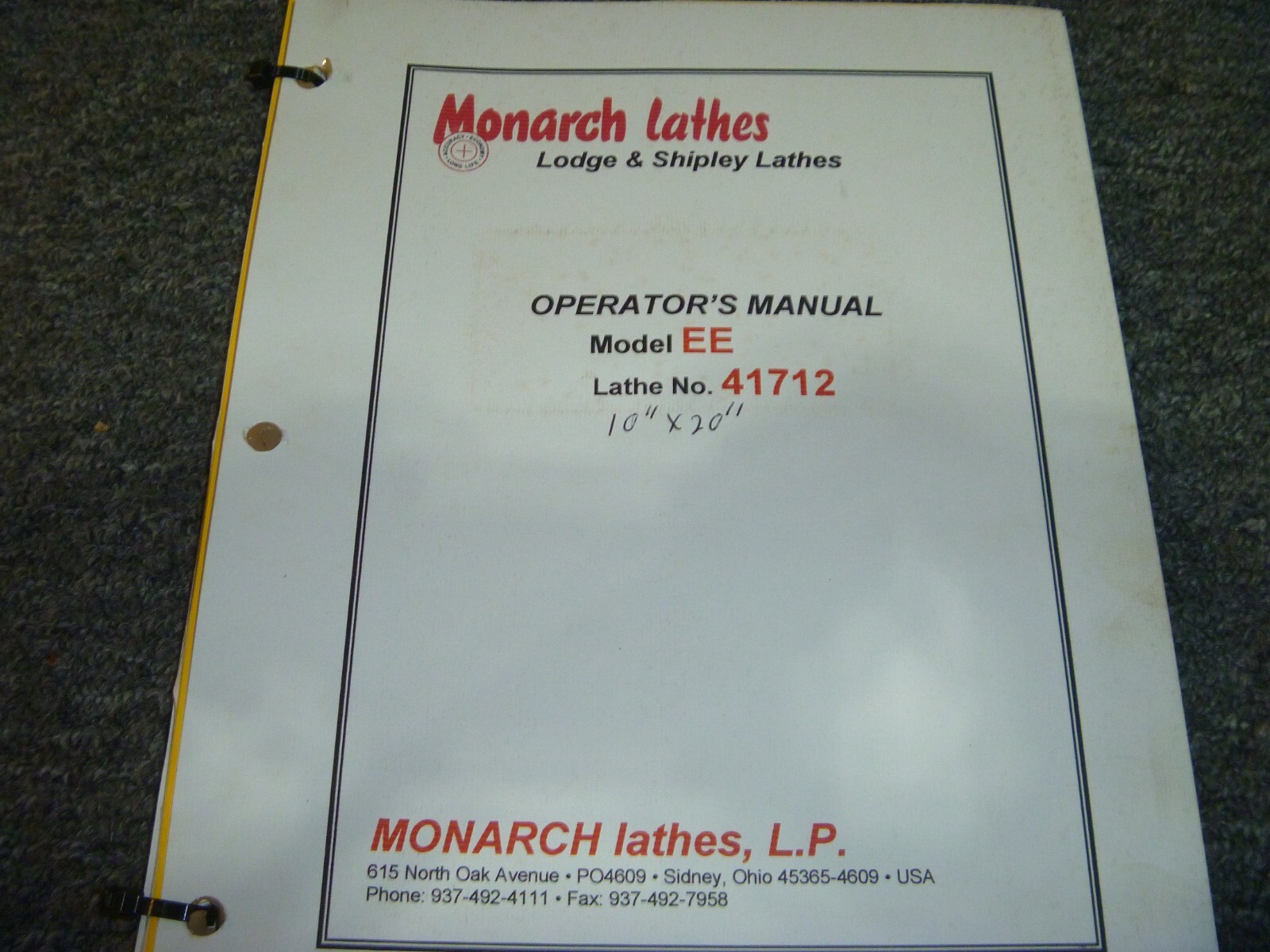 Monarch Model EE 10″ x 20″ Lathe Parts Catalog & Owner Operator Manual 41712