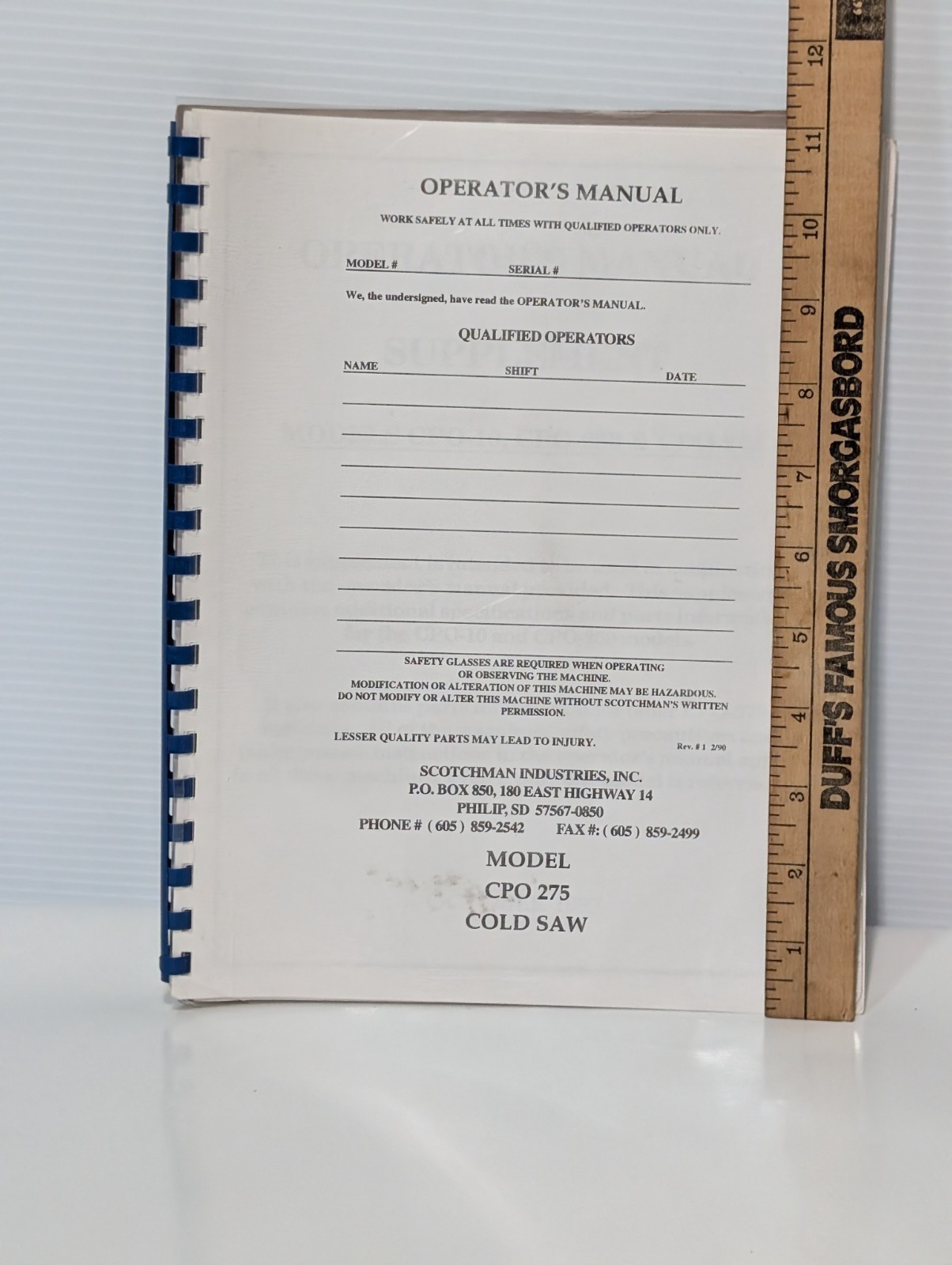 Scotchman Industries Model CPO-275 Cold Saw 1997 Operator’s Manual w/ Supplement