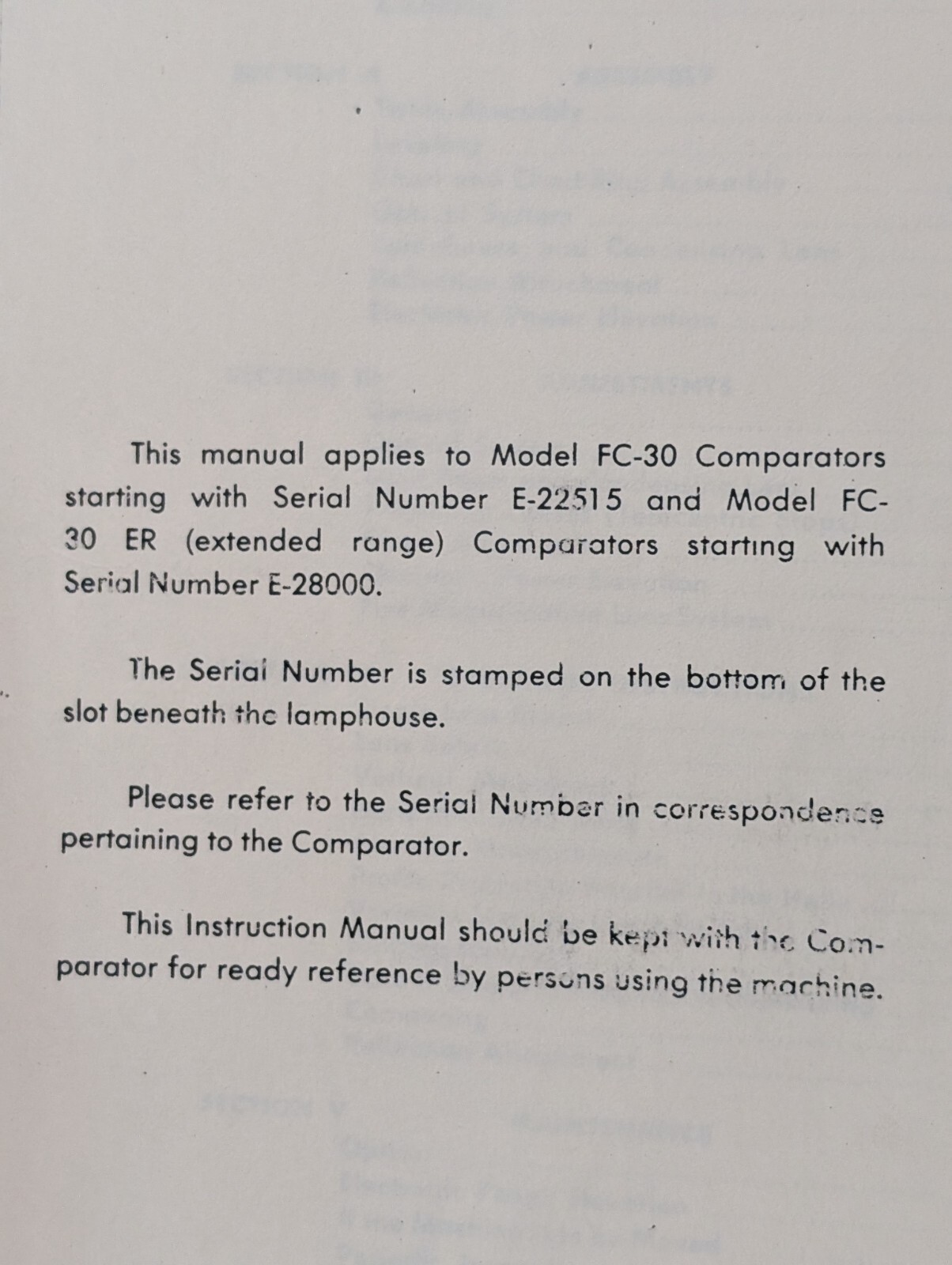Jones & Lamson 6206-2M Operator’s Manual for Comparator Model FC-30 FC-30 ER