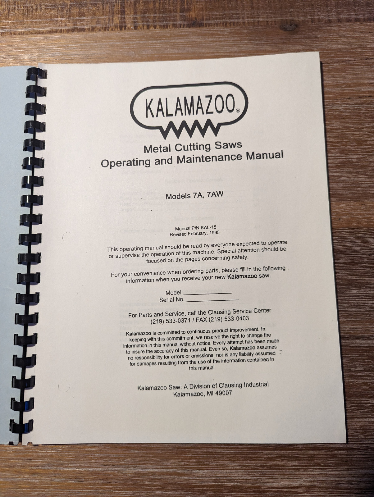 Kalamazoo Metal Cutting Saws Operating and Maintenance Manual
