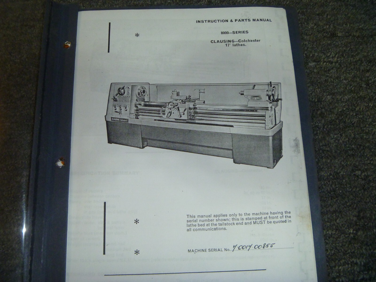 Clausing Colchester 800 Series 17-Inch Geared Head Lathe Parts & Operator Manual