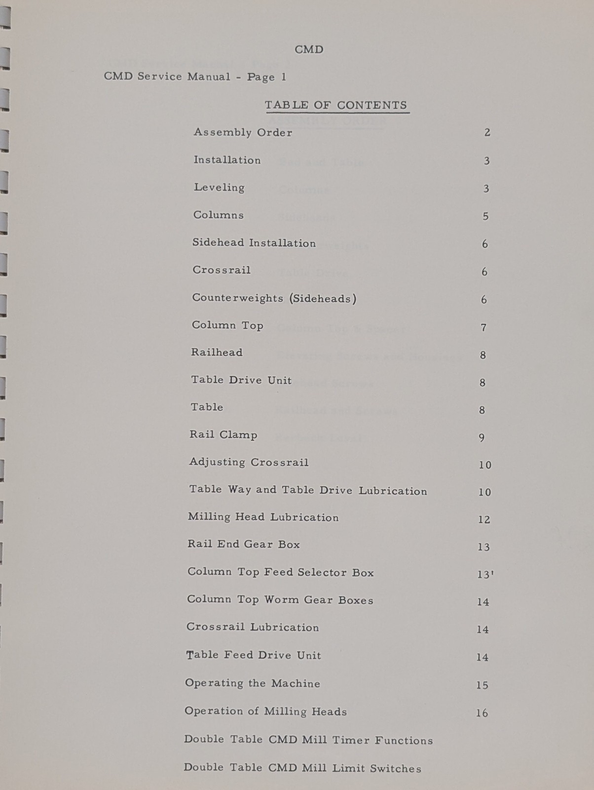 RMT Rockford Machine Tool Co CMD Adjustable Rail Milling Machines Service Manual