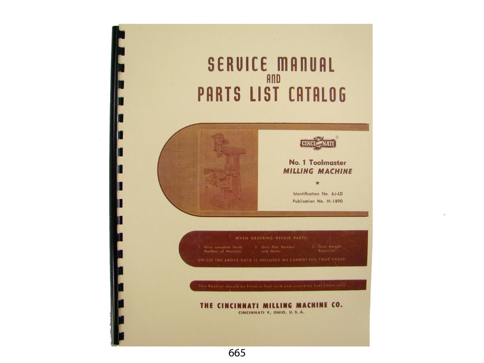 Cincinnati Milling Machine No. 1 Toolmaster Service Manual & Parts List *665
