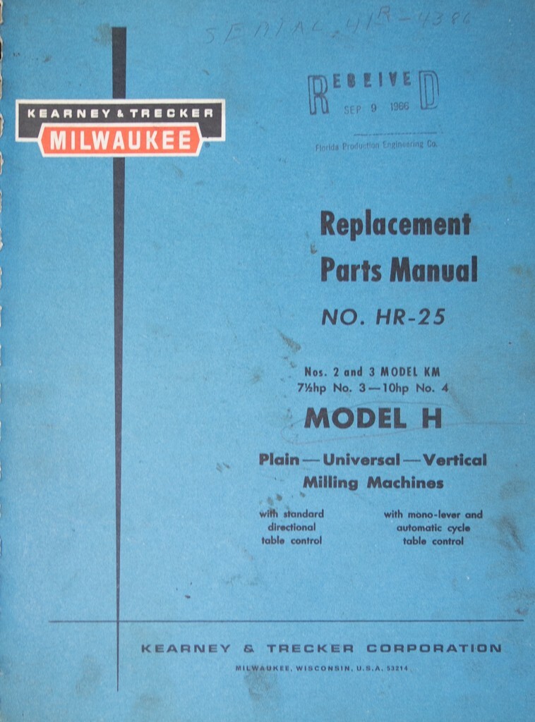 KEARNEY &TRECKER Milwaukee Model 3H 4H Milling Machines Parts Manual