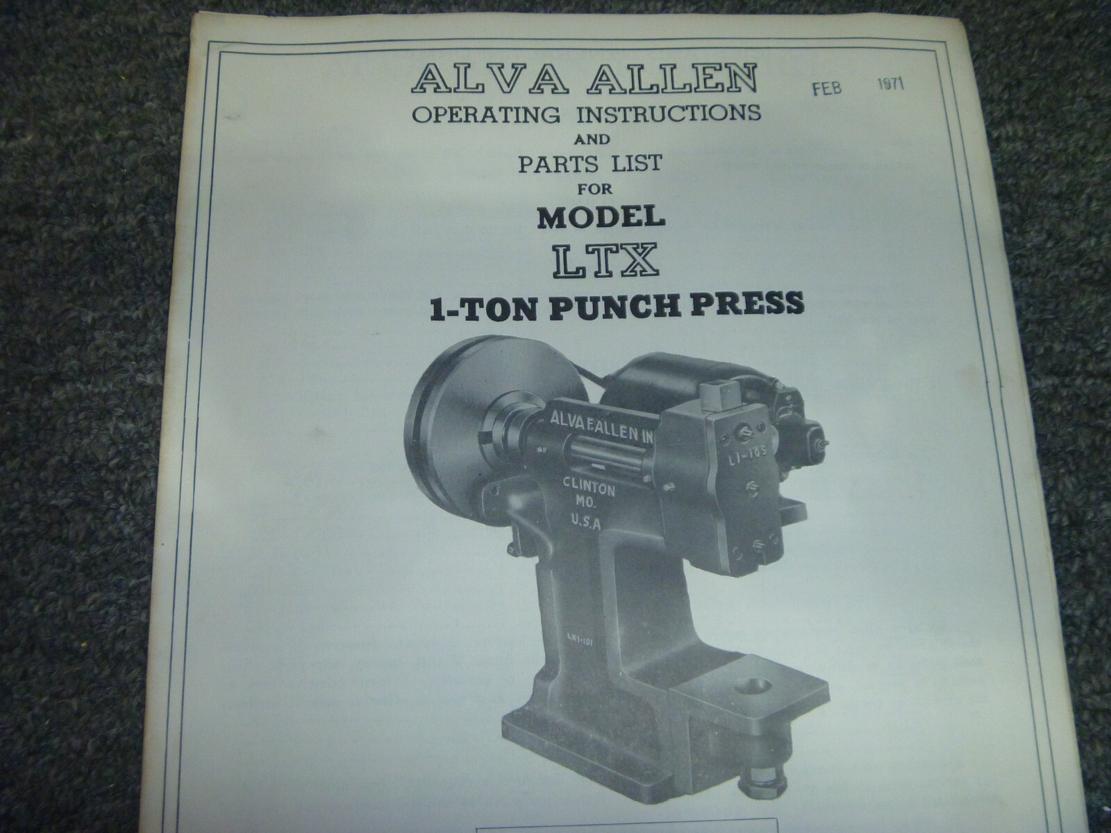 Alva Allen LTX 1-Ton Punch Press Parts Catalog & Operator Instruction Manual