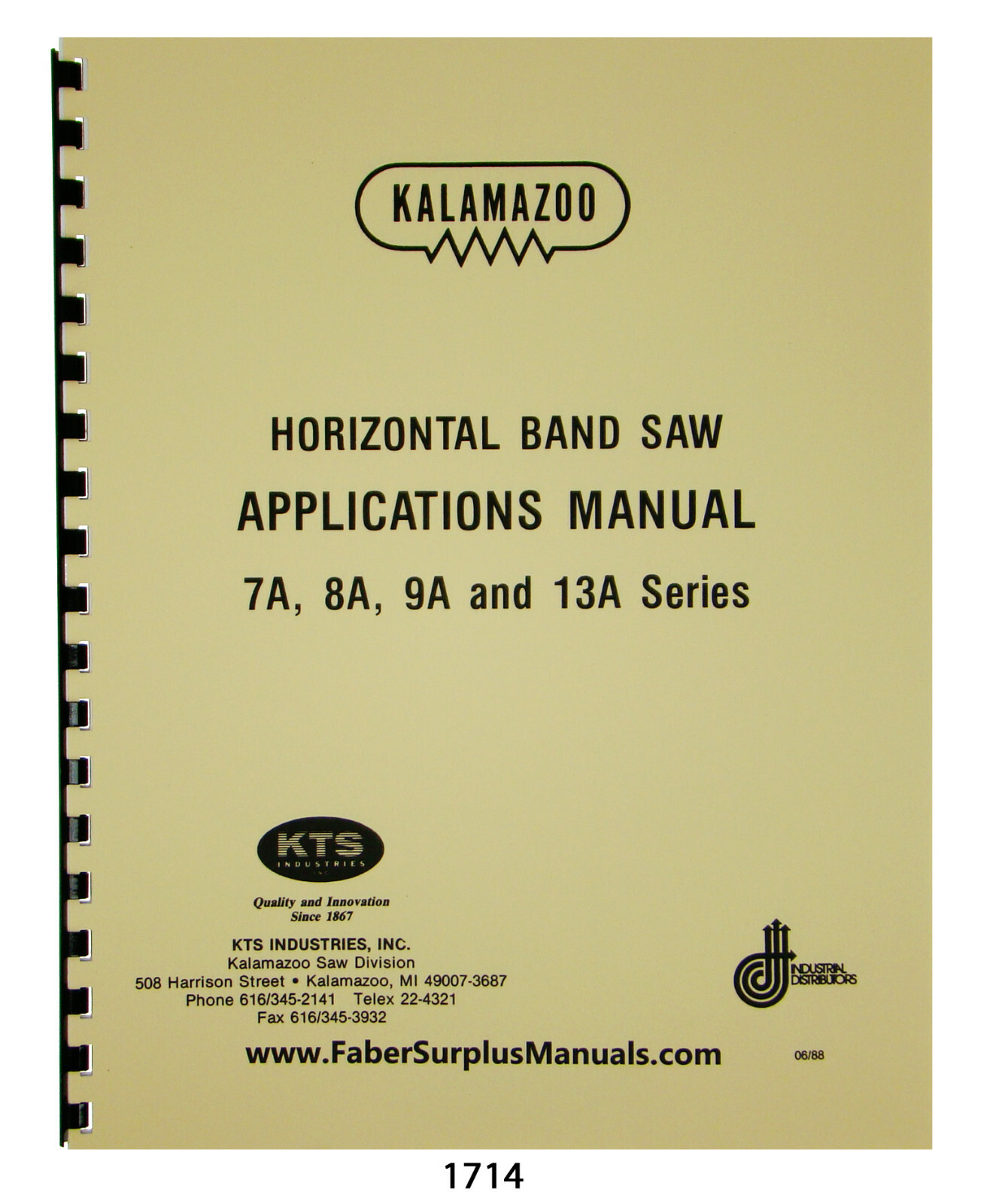 Kalamazoo Horizontal Bandsaw 7A, 8A, 9A, 13A Operating Instructions Manual #1714