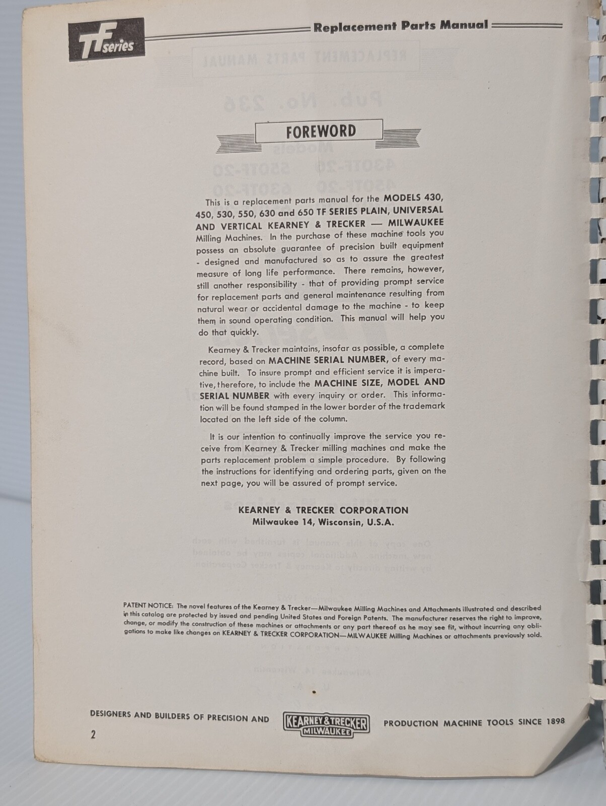 Keaney & Trecker Milwaukee 430TF-20 – 650TF-20 Milling Machines Parts Manual