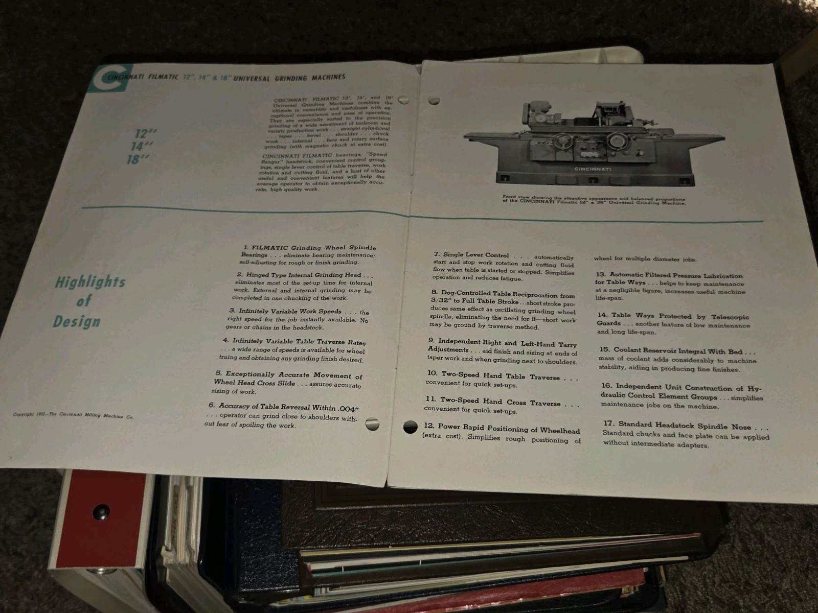 1955 CINCINNATI Promo SALES CATALOG BOOK FILMATIC 12 14″ 18″ Grinding Machines