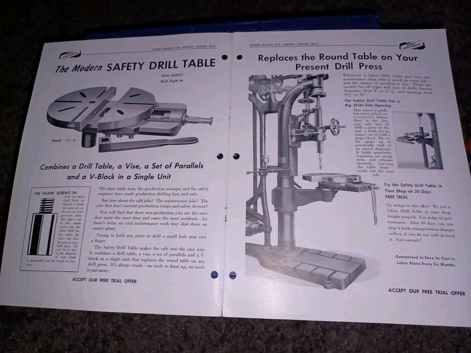 THE MODERN MACHINE TOOL COMPANY JACKSON MICHIGAN SAFETY DRILL TABLES CATALOG