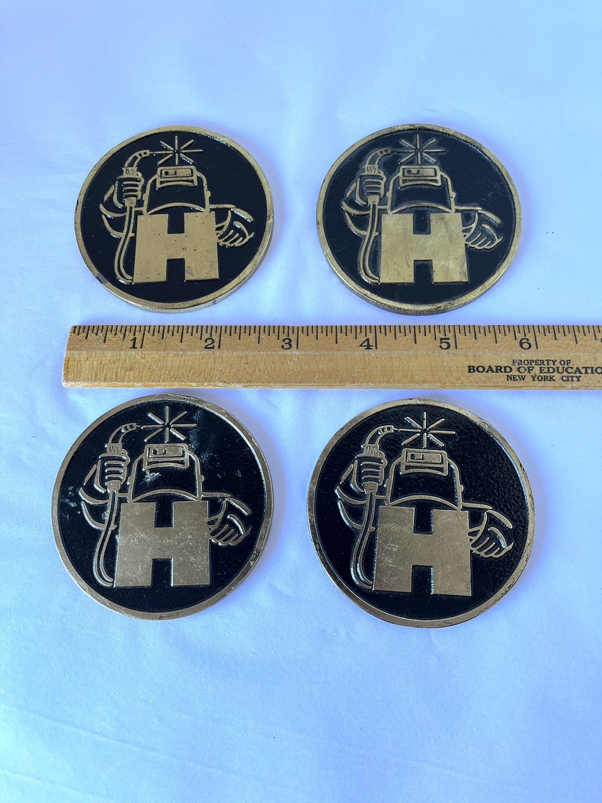 4 Vintage Hobart Welding Emblems Metal Discs Badges