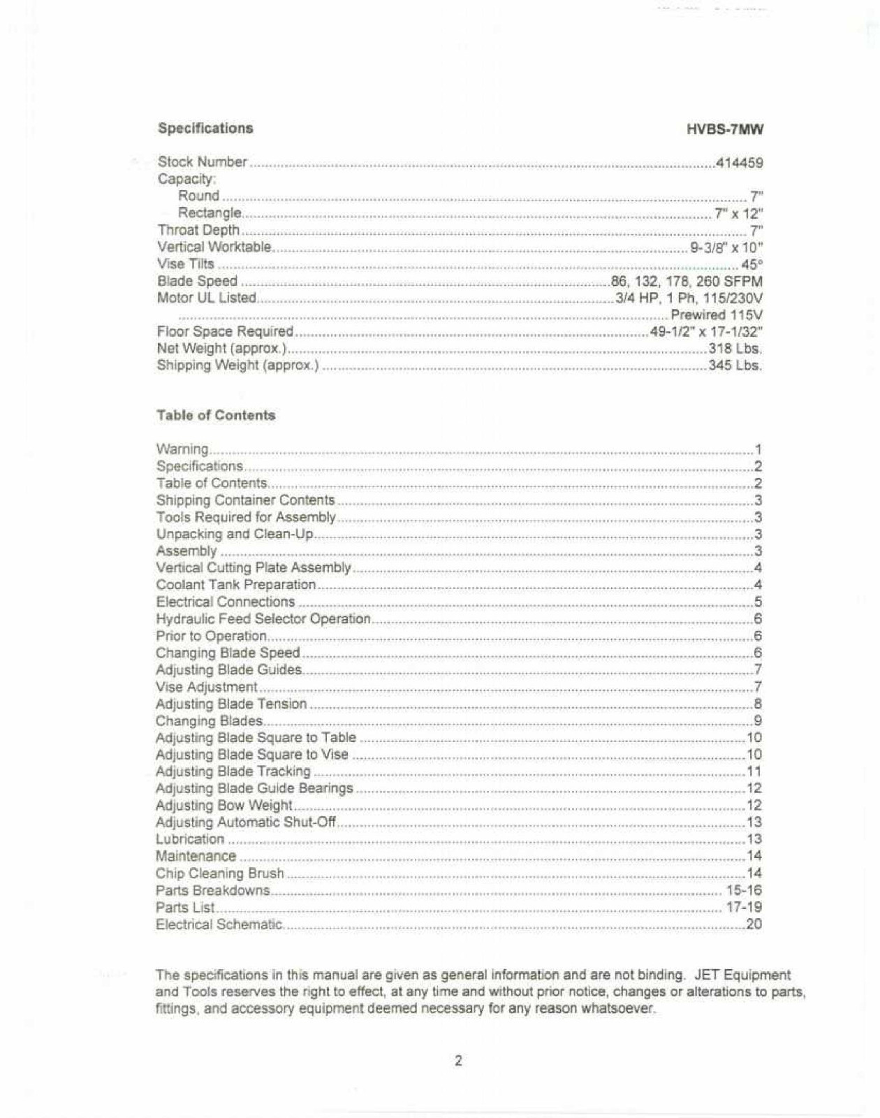 Jet HVBS-7MW Band Saw Operators Manual *247