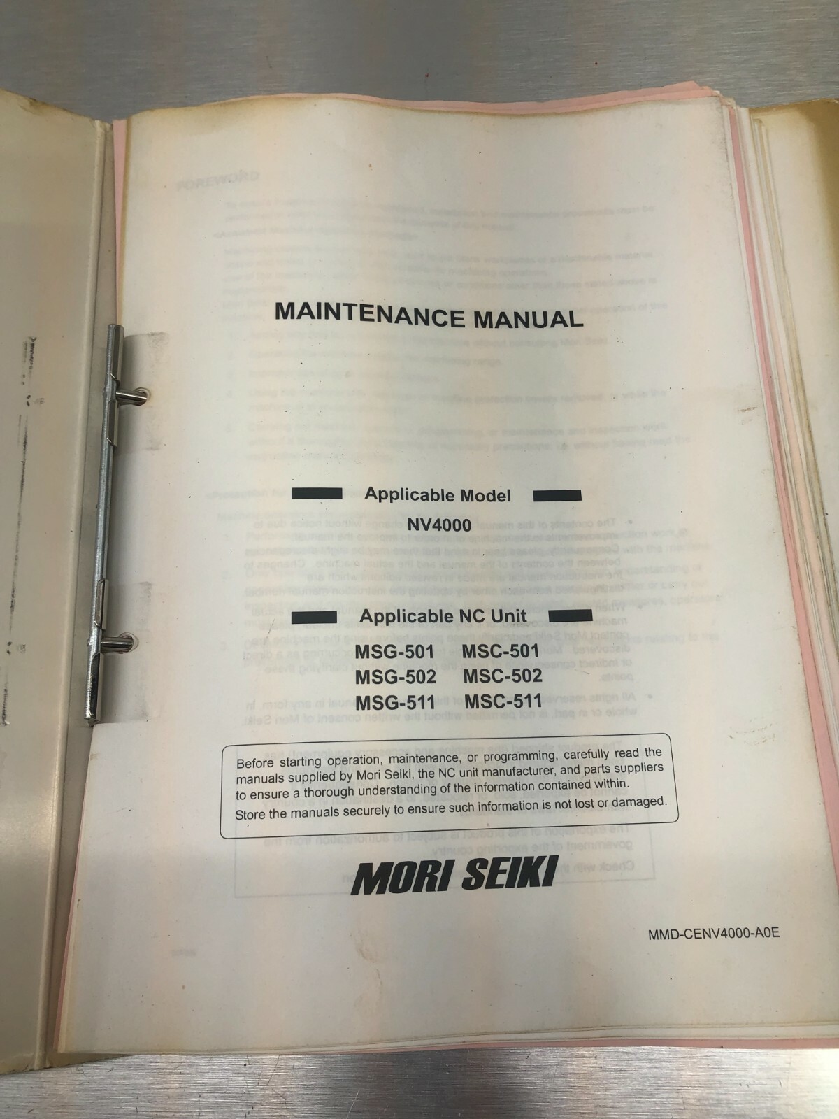 Mori Seiki Maintenance Manual – MMD-CENV4000-A0E
