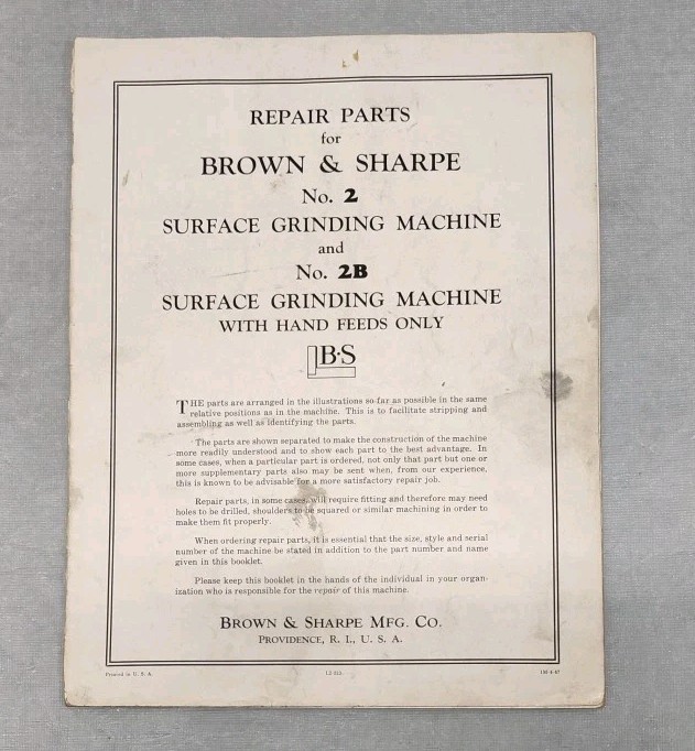 Brown & Sharpe Co. No. 2 & 2B Surface Grinding Repair Parts Manual Vintage