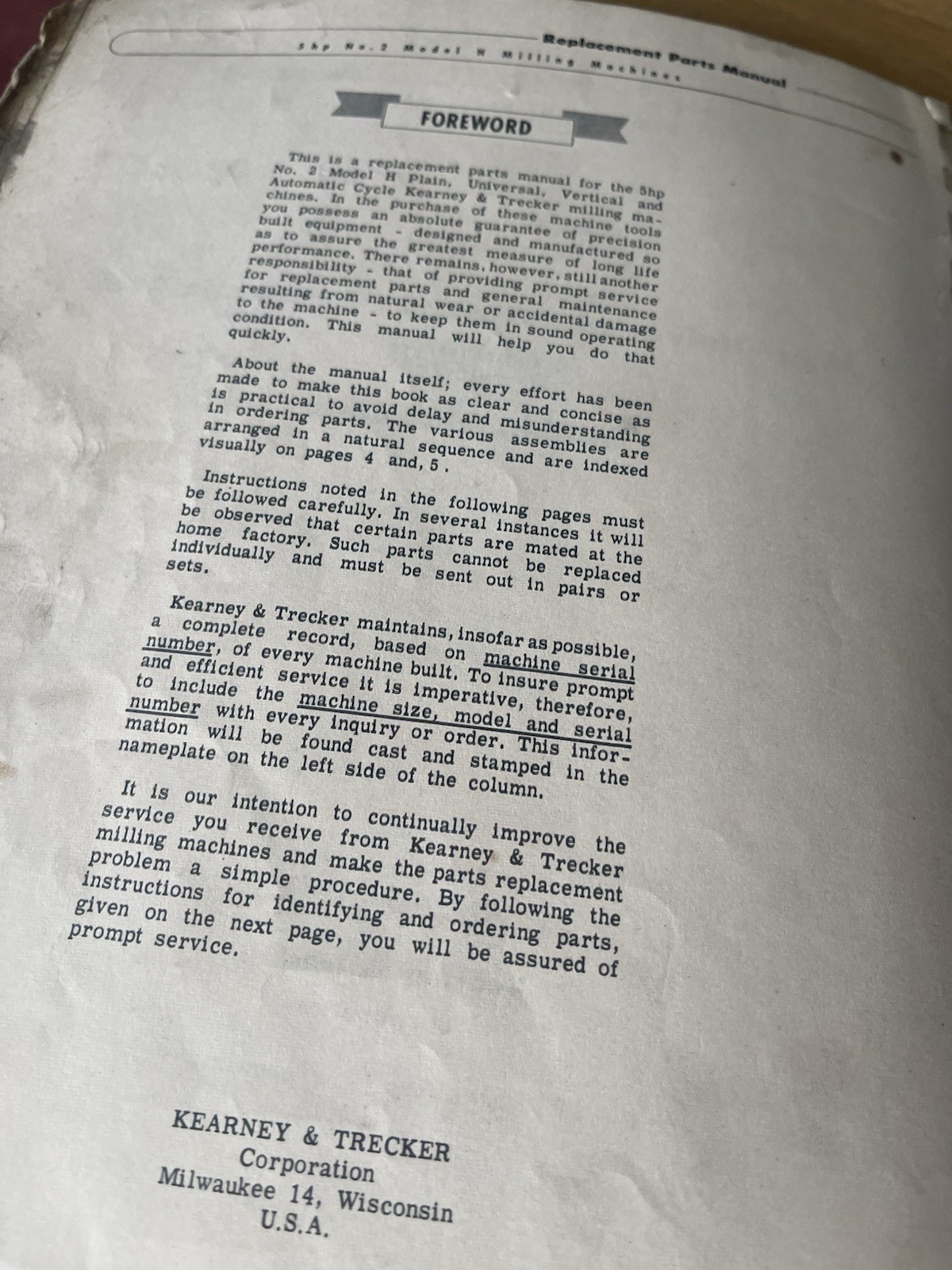 Kearney & Trecker Corporation Replacement Parts Manual Model H 5hp No.2