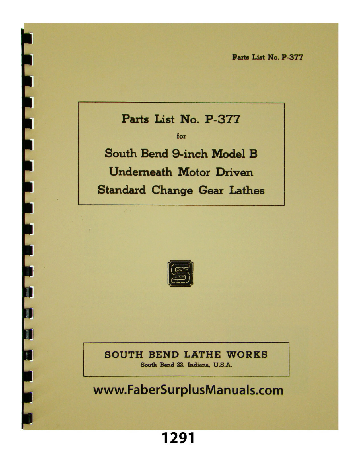 South Bend 9″ Model B Lathe Standard Change Gear lathes Parts Manual #1291