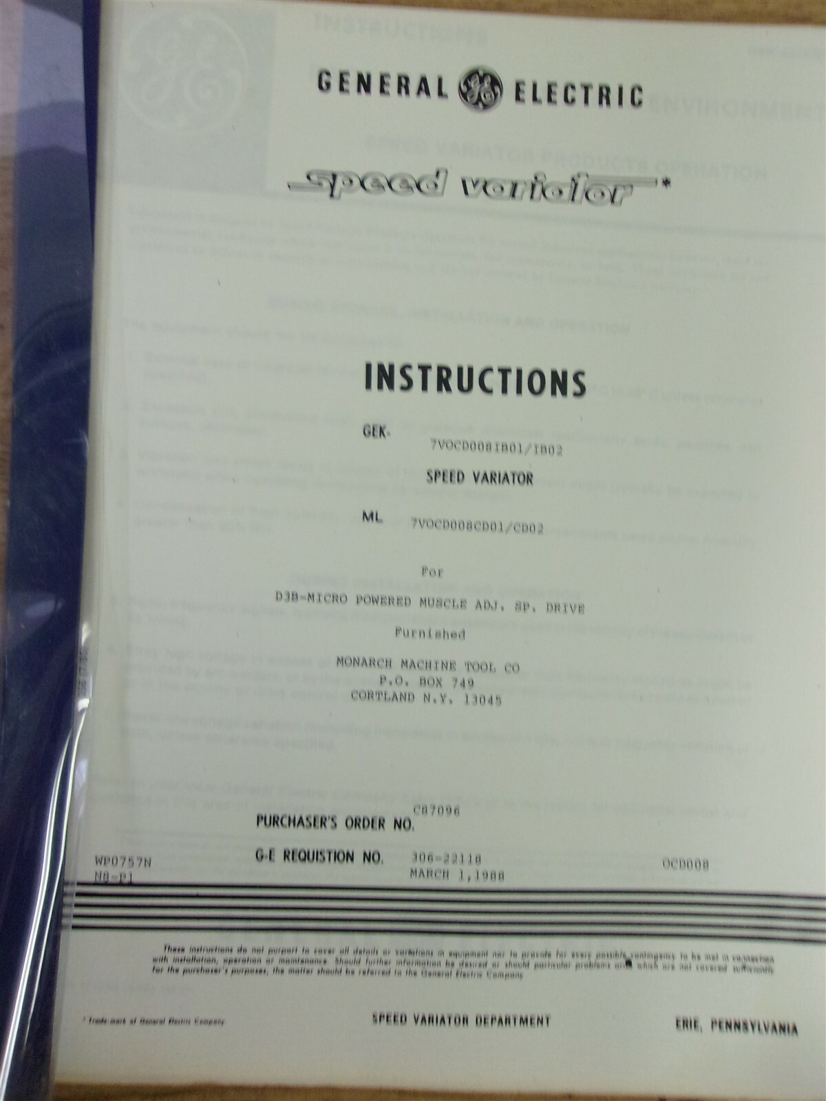 General Electric Speed Variator Instruction Manual *FREE SHIPPING*