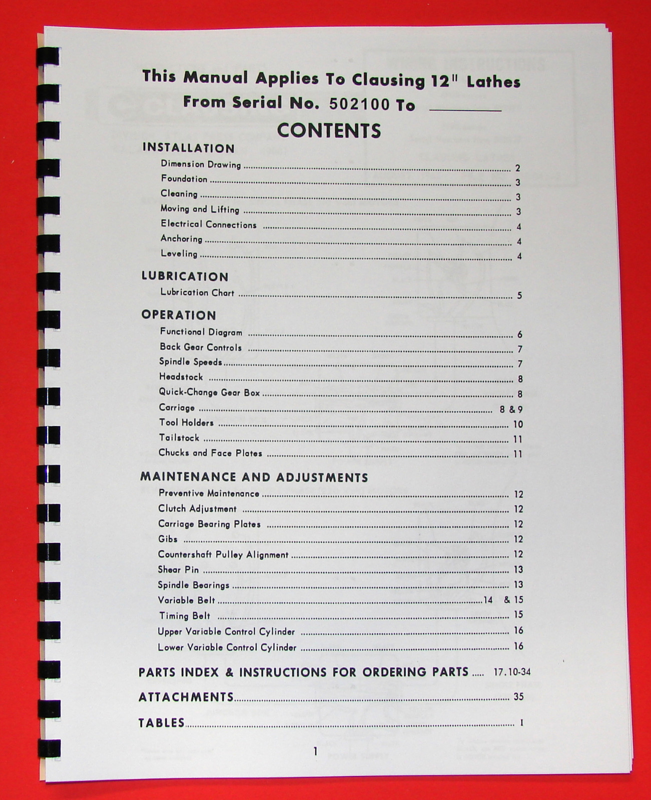 CLAUSING 12″ 5900 Series Variable SPD Lathe Operator & Part Manual =502100 0137