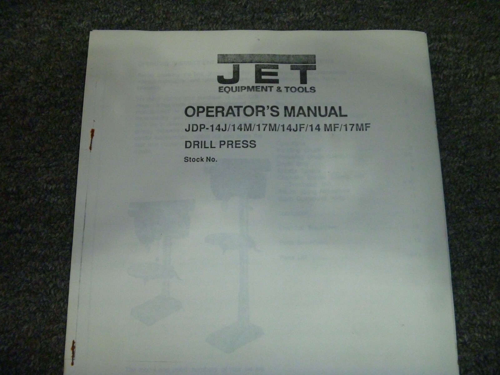 Jet Equipment JDP-14J JDP-14M JDP-17M Drill Press Owner Operator Manual