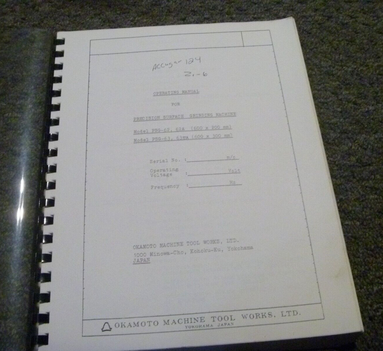 Okamoto PSG-62A Accugar 124 Surface Grinding Machine Owner Operator Manual xz