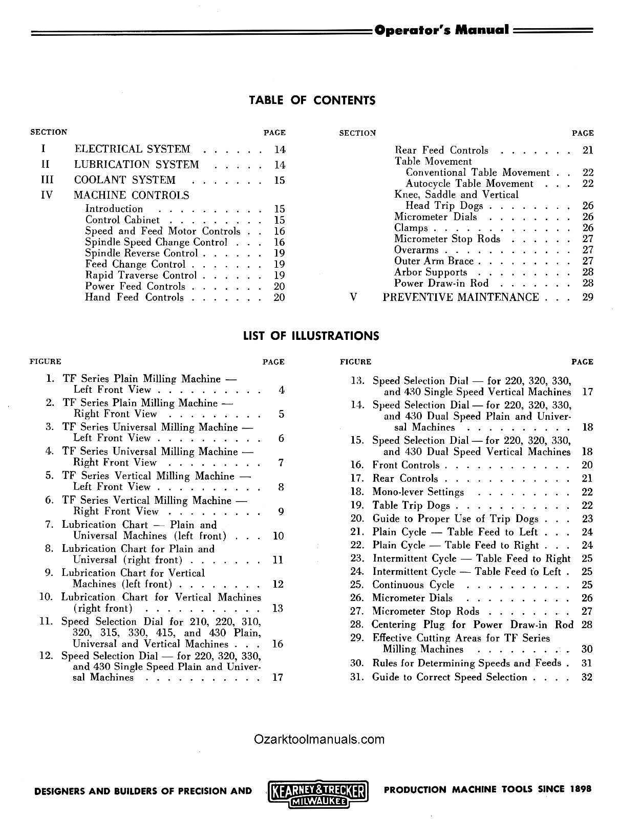 KEARNEY & TRECKER Milwaukee TF Series Milling Machine Operator’s Manual 1505
