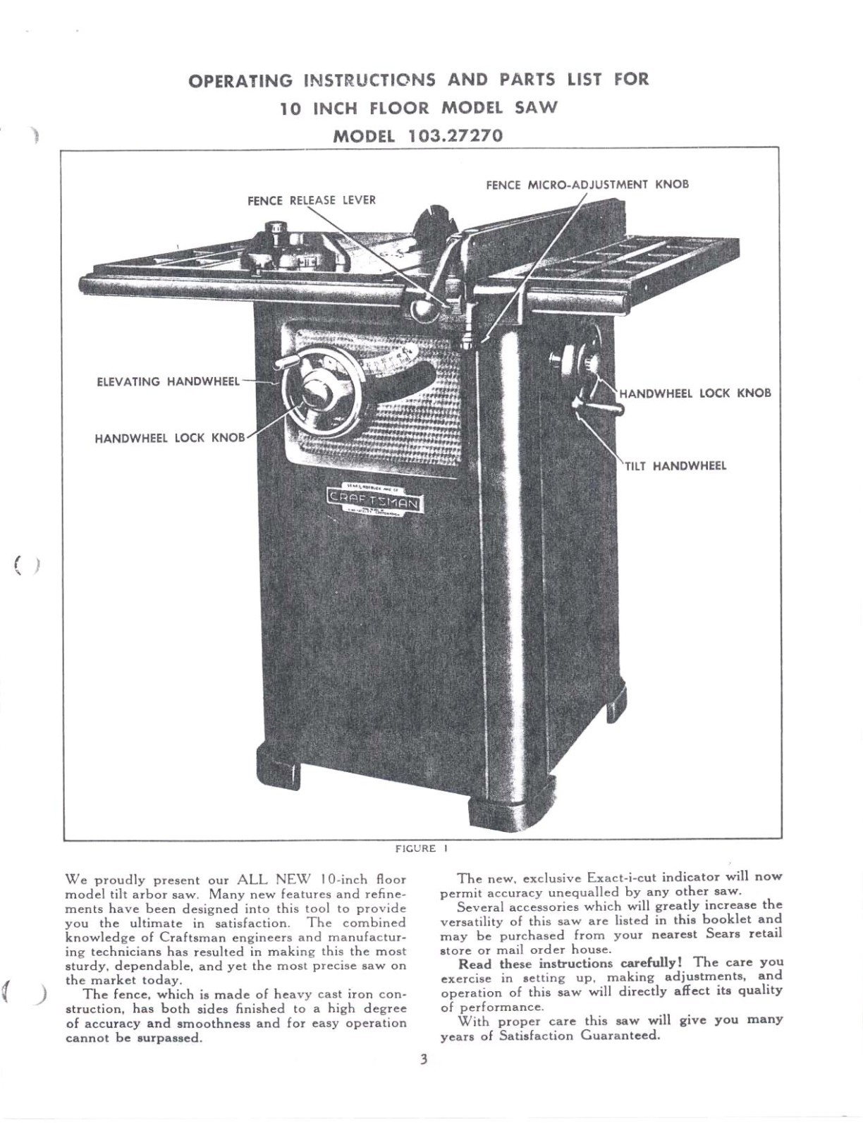 10in Tilt-Arbor Table Saw Operator Inst. & Parts Manual Fits Craftsman 103.27270