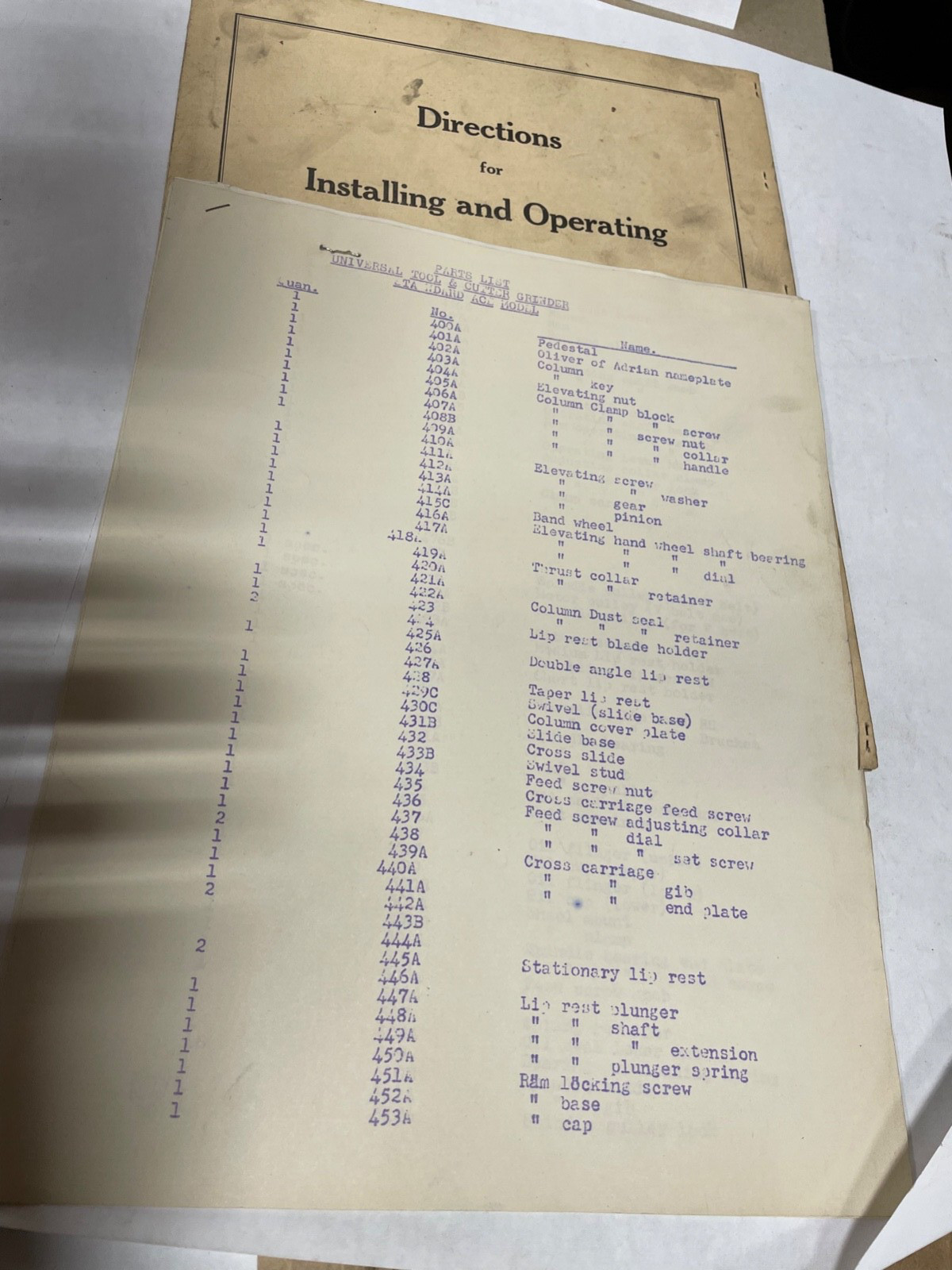Oliver Tool & Cutter Grinder Installing, Operating & Parts List Manual