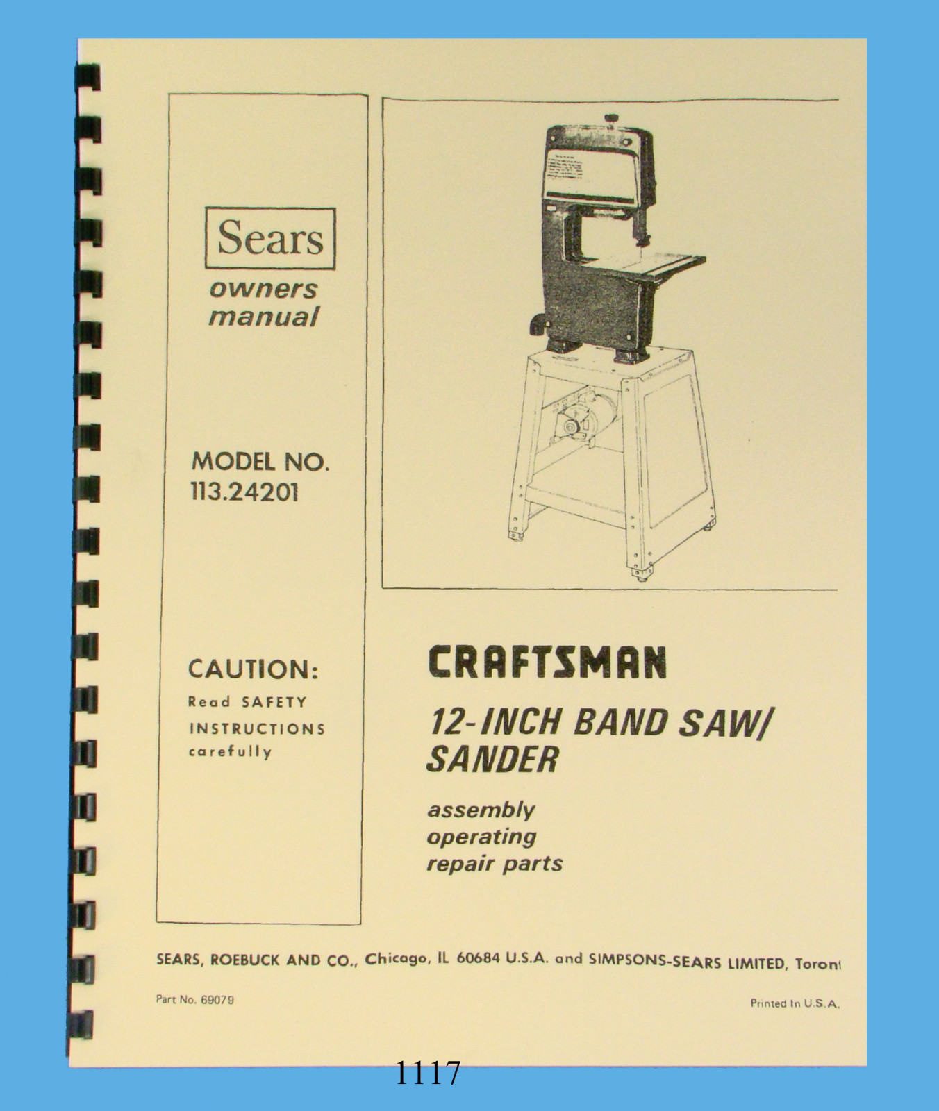 Sears Craftsman 12″ Bandsaw 113.24201 Operating & Parts List Manual *1117