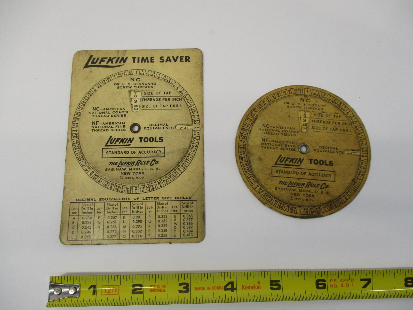(2) Lufkin TIME SAVER Tap Thread Drill & Decimal Equivalents Calculator 1935 VGC