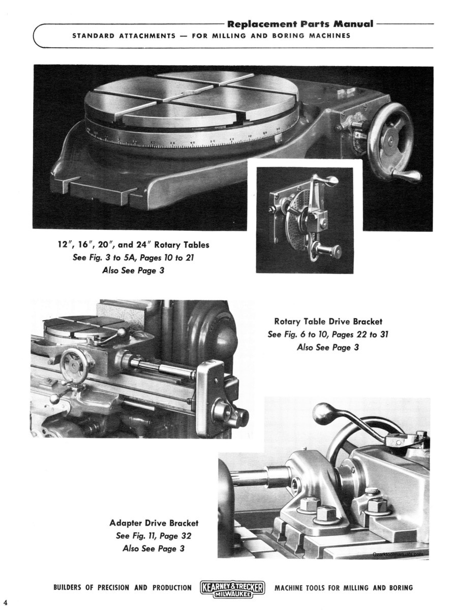 Kearney & Trecker 12″,16″,20″,24″ Rotary Table 5″,6″,7″,8″,9″ Vises Parts Manual
