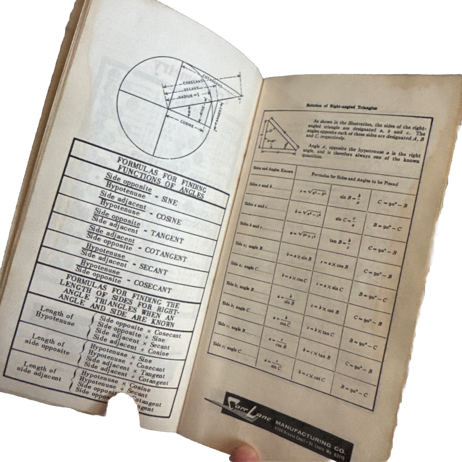 Carr Lane Trigonometry Tables Handy Reference Data for Engineers Vintage