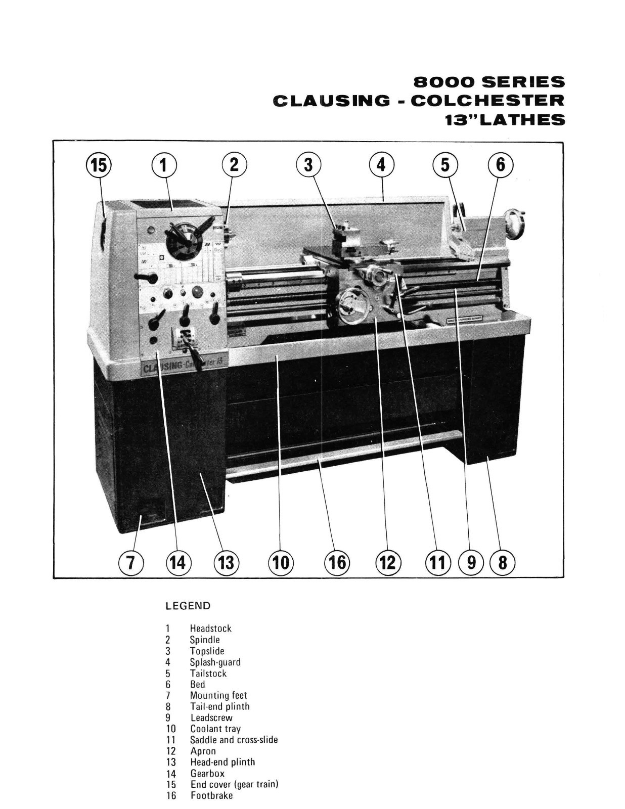 Clausing Colchester 13″ Lathe 8000 Series Instruction & Parts List Manual *371