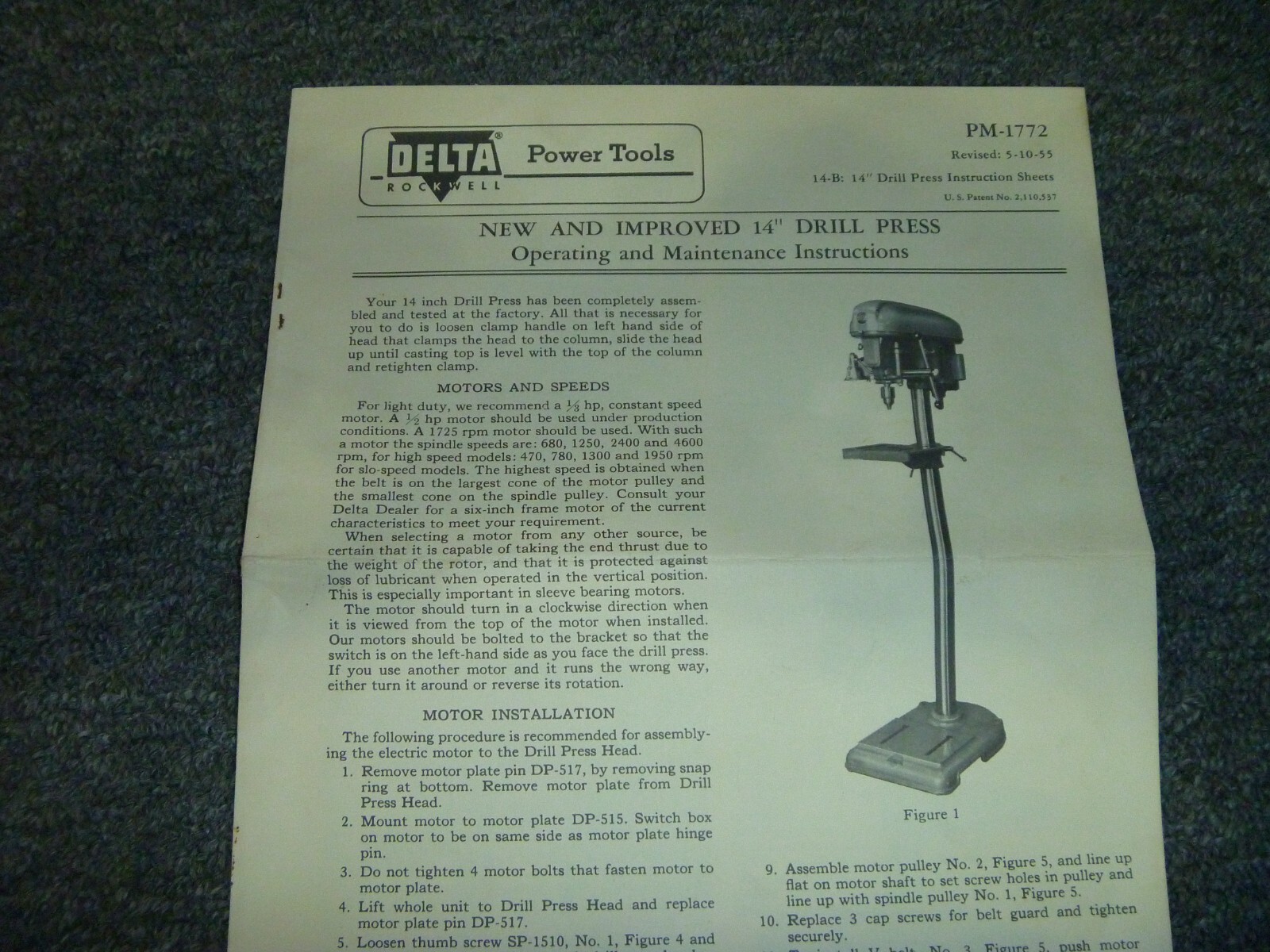 Delta Rockwell 14″ Drill Press Owner Operator & Maintenance Manual PM-1772