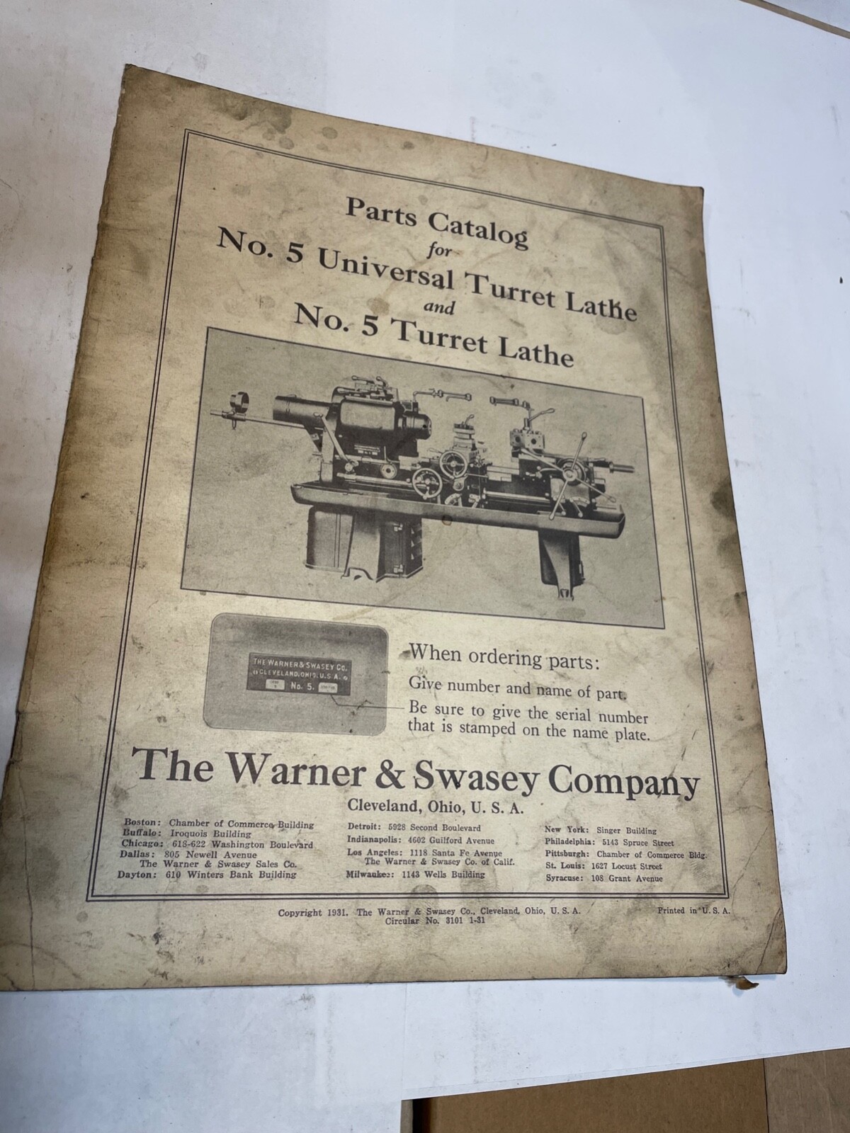 Warner & Swasey No. 5 Universal Turret Lathe Parts Catalog