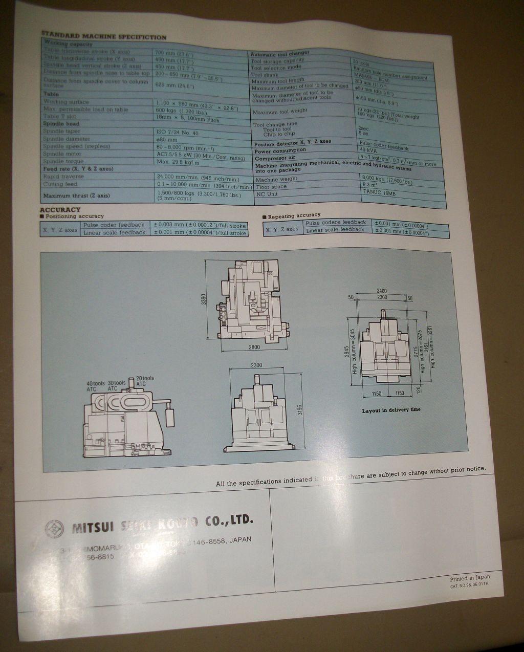 MITSUI SEIKI VMC VT3A SPECIFICATION