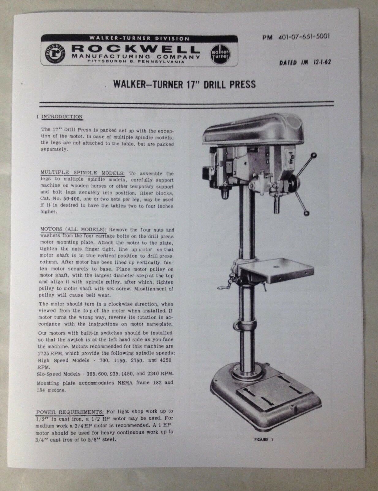 Rockwell Walker-Turner 17” Drill Press Instruction Manual & Parts List