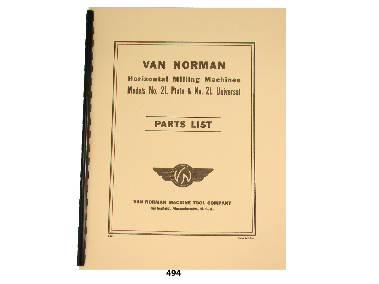 Van Norman Model 2L Plain & Universal Milling Machine Parts List Manual *494
