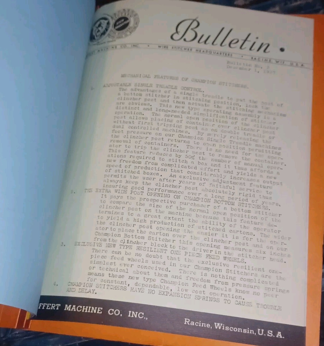 1946 CHAMPION WIRE STITCHERS HIGH PRODUCTION MACHINES FLYER LOT CATALOG BOOK VTG