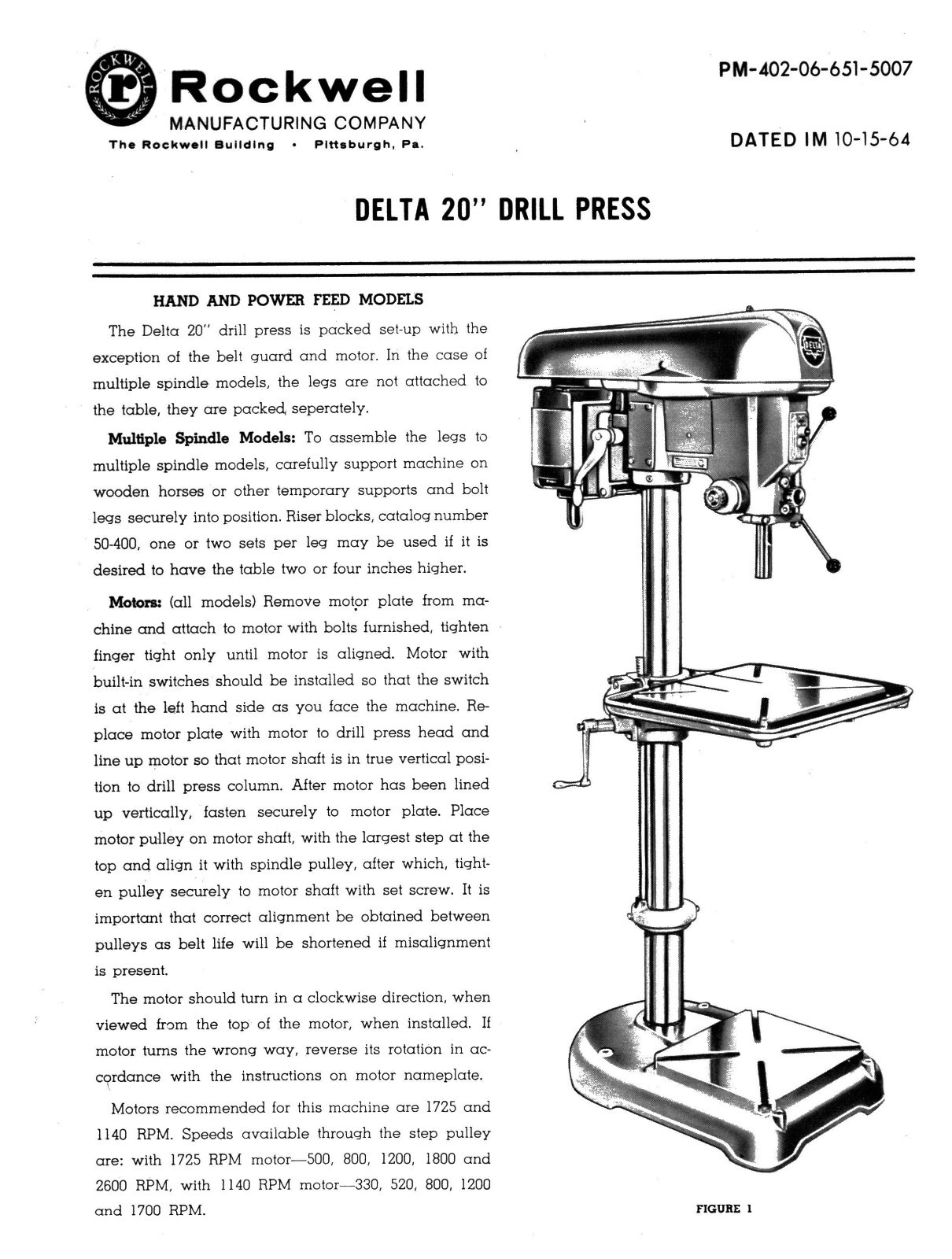 Delta Rockwell 20″ Drill Press Operating and Parts List Manual *846