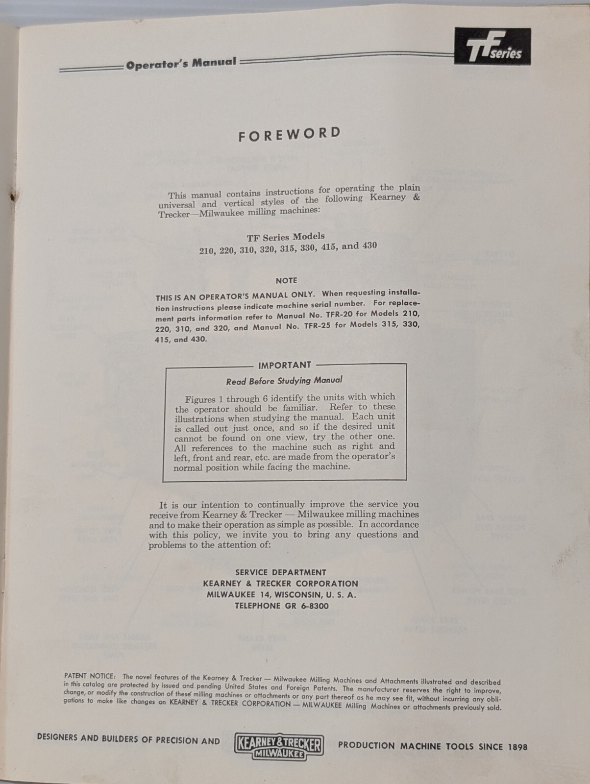 Kearney&Trecker No. TFC-5, TF Series Twin Screw Milling Machine Operator Manual