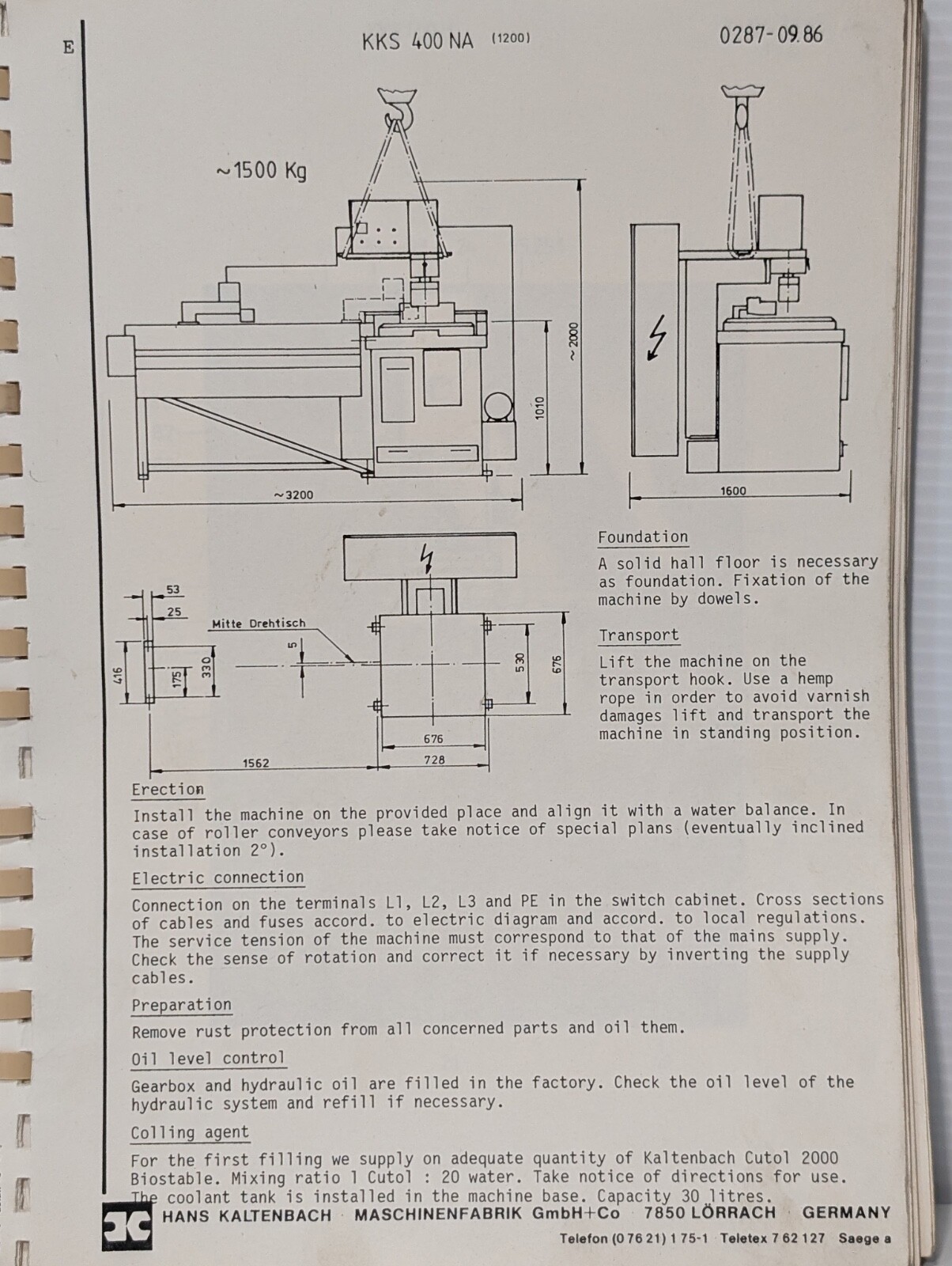 Kaltenbach KKS-400 NA Circular Cold Sawing Machine Operating Instructions Manual