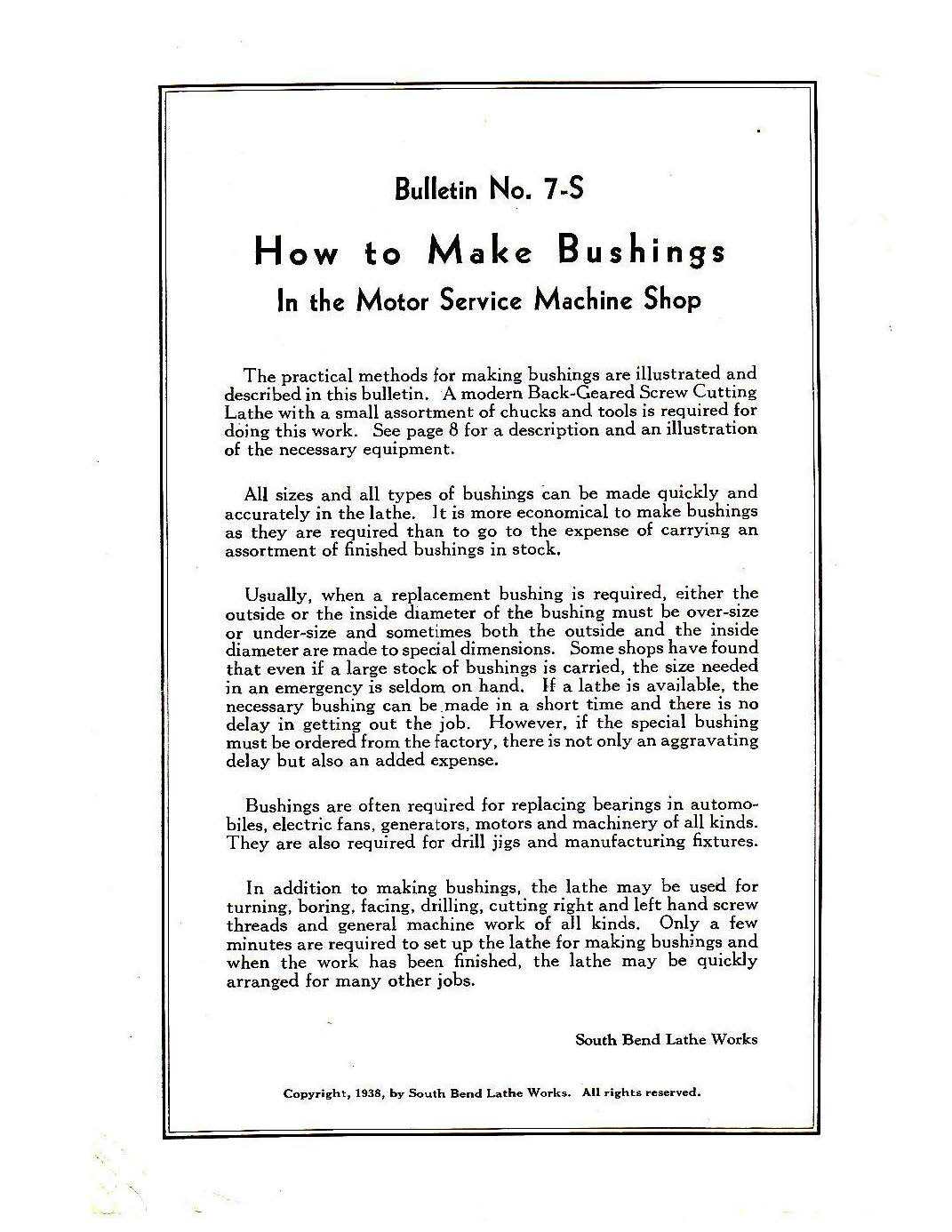 Manual Fits 1938 South Bend Lathe No. 7-S – How to Make Bushings for Automobiles
