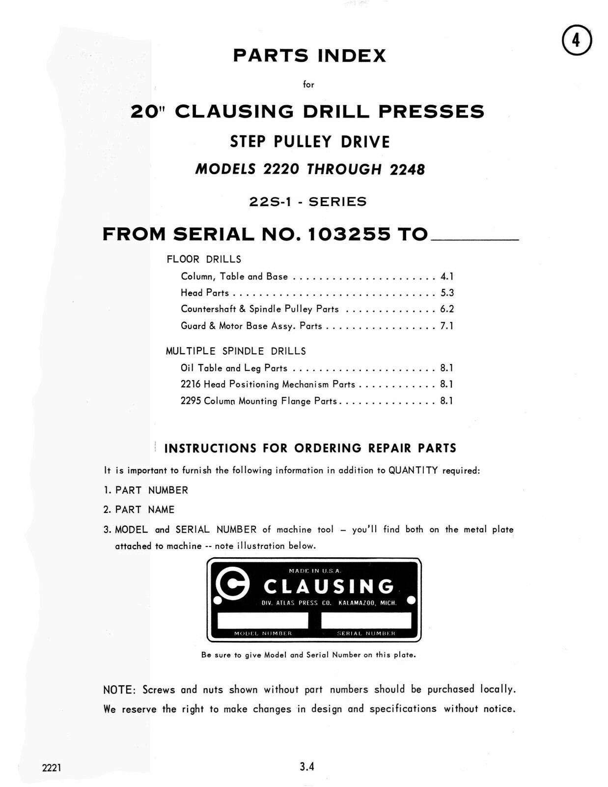 Clausing 20″ Drill Press Step Pulley Series 22S-1 Instruct & Parts Manual #1875