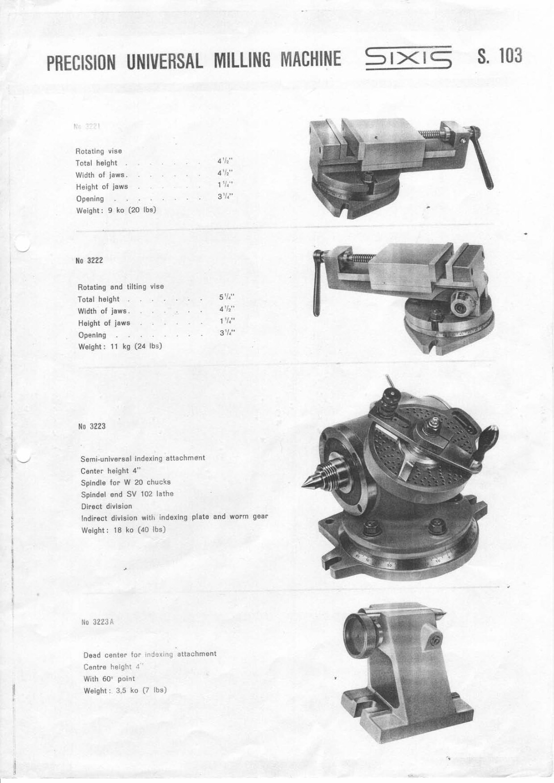 Operator Manual Fits Sixis S 103 Precision Universal Milling Machine